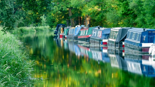 View of the longboats moored alongside the bank at River Wey and Godalming Navigations and Dapdune Wharf, Surrey
